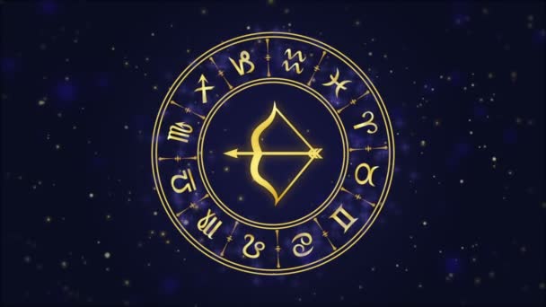 Burç yay ve Astroloji tekerlek üzerinde koyu mavi arka plan — Stok video