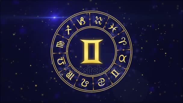 Signe du zodiaque Gemini et roue de l'horoscope sur le fond bleu foncé — Video