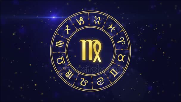 Segno zodiacale Virgo e ruota oroscopo sullo sfondo blu scuro — Video Stock