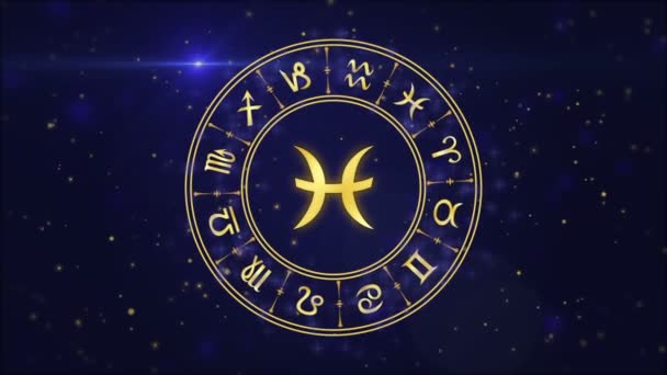 Segno zodiacale Pesci e ruota oroscopo sullo sfondo blu scuro — Video Stock