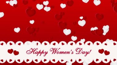 Mutlu kadın günü 8 Mart kalpleri ile kırmızı zemin üzerine