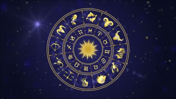 Ruota oroscopo, cerchio zodiacale sullo sfondo blu scuro con particelle incandescenti — Video Stock