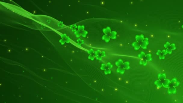 Πράσινο φόντο με τριφύλλια και λαμπερό σωματίδια — Αρχείο Βίντεο