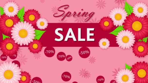 Spring sale, discout thirty, fifty and seventy percent on the pink background with flowers — Stock Video