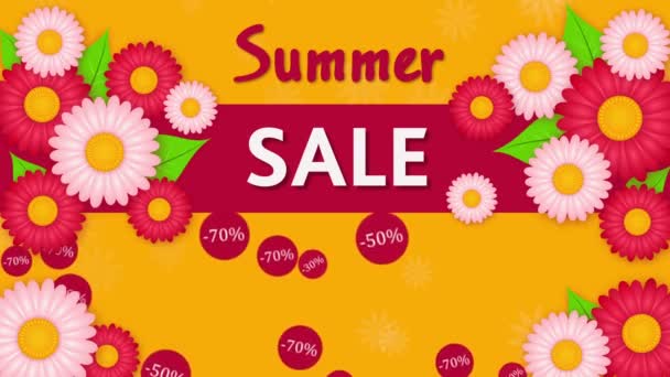 Sommerschlussverkauf, Rabatt dreißig, fünfzig und siebzig Prozent auf gelbem Hintergrund mit Blumen — Stockvideo