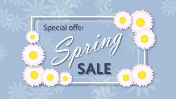 Frühlingsverkauf auf blauem Hintergrund mit Blumen — Stockvideo