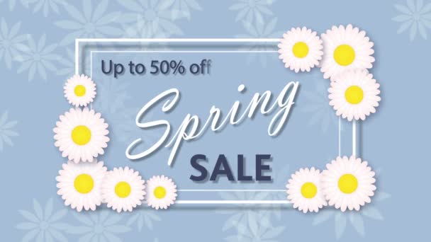 春の販売、花と青の背景に 50% の割引 — ストック動画