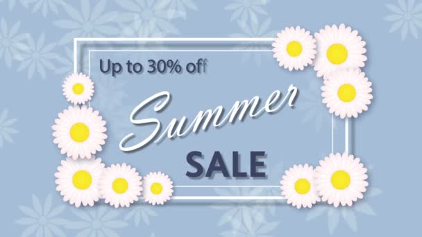 夏季销售, 折扣30% 在蓝色背景与花 — 图库视频影像