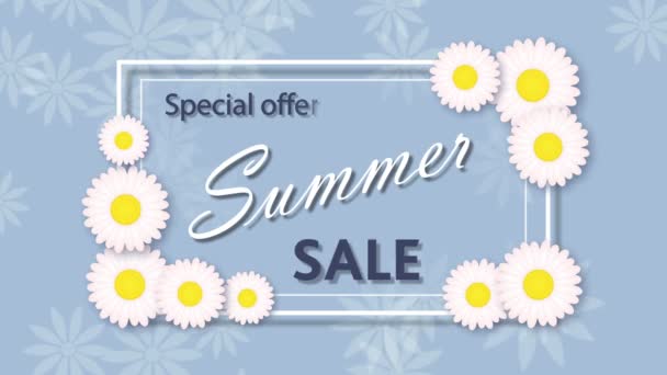 Sommerschlussverkauf auf blauem Hintergrund mit Blumen — Stockvideo