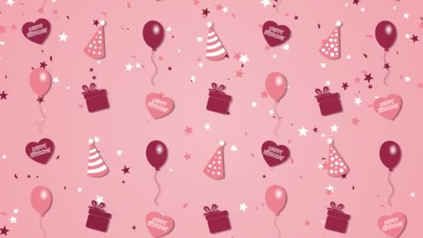 Fundo abstrato Feliz Aniversário com balão, chapéus de festa e corações — Vídeo de Stock
