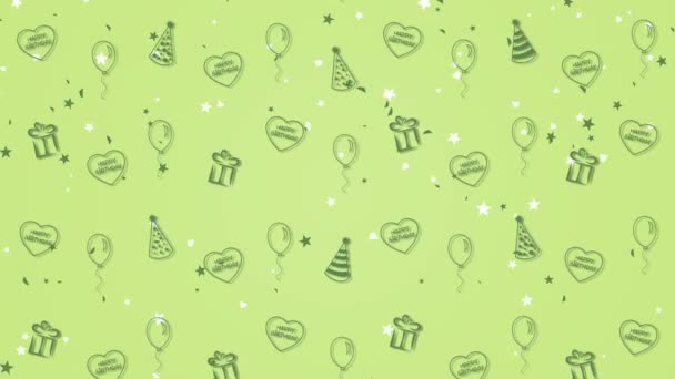 Fundo abstrato Feliz Aniversário com balões, chapéus de festa e corações — Vídeo de Stock