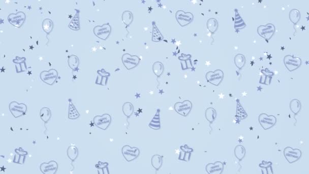 Fundo abstrato Feliz Aniversário com balões, chapéus de festa e corações — Vídeo de Stock