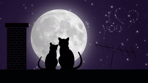 Titel ich liebe dich. zwei Katzen auf dem Dach und der Mond — Stockvideo