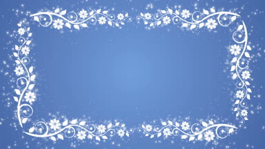 Çiçek ile mavi arka plan çerçevesi ve parlayan parçacıklar