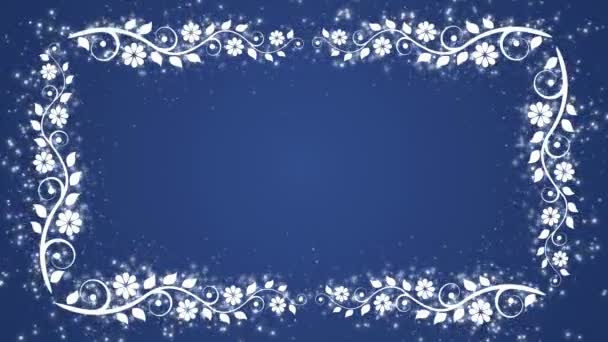 Astratto sfondo blu con cornice floreale e particelle incandescenti — Video Stock