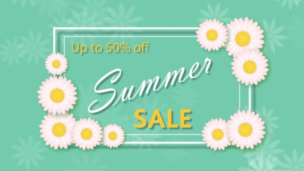 Venta de verano, descuento del cincuenta por ciento con marco y flores — Vídeos de Stock