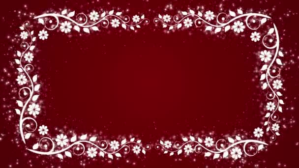 Fondo rojo abstracto con marco de flores y partículas brillantes — Vídeos de Stock