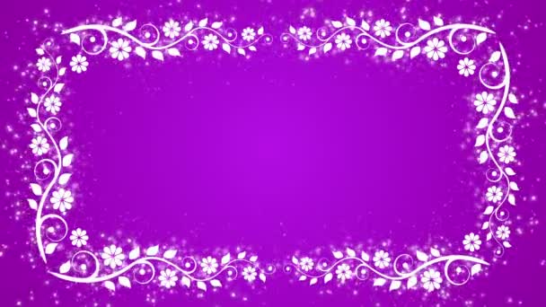 Fondo púrpura abstracto con marco de flores y partículas brillantes — Vídeos de Stock