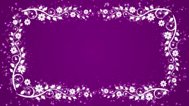 Fond violet abstrait avec cadre floral et particules brillantes — Video