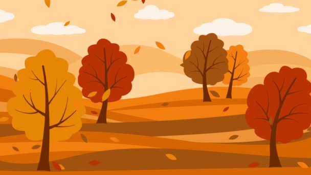 Paesaggio autunnale con alberi, nuvole e foglie cadenti — Video Stock