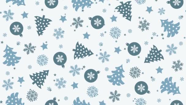 Padrão de fundo de Natal com árvores de Natal, flocos de neve e bolas de Natal — Vídeo de Stock