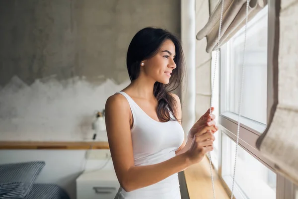 Young Attractive Woman Looking Window Morning Bedroom — Stock Photo, Image