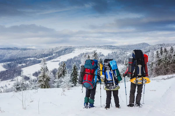 Viajeros en montañas de invierno. Estilo de vida deportivo concepto de viaje —  Fotos de Stock