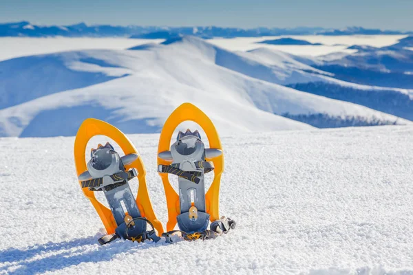 Raquetas de nieve en la nieve en las montañas de invierno con hermoso paisaje — Foto de Stock