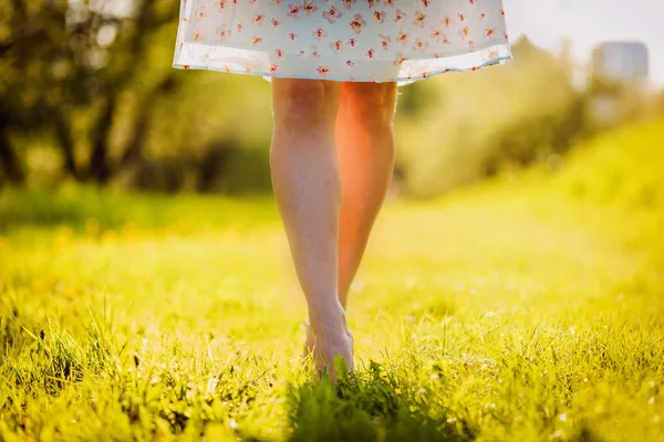 Jovem mulher no vestido andando no prado com grama verde — Fotografia de Stock