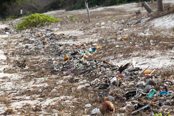 Trash in a beautiful beach landscape — Stock Photo, Image