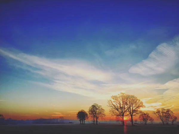 Countryside Sunrise Fields Silhouettes Trees — Stock Photo, Image