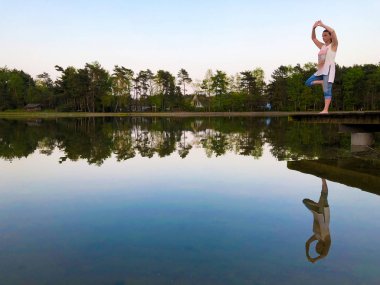 Çekici bir genç kadın bir asana yoga yaparken poz, vrksasana