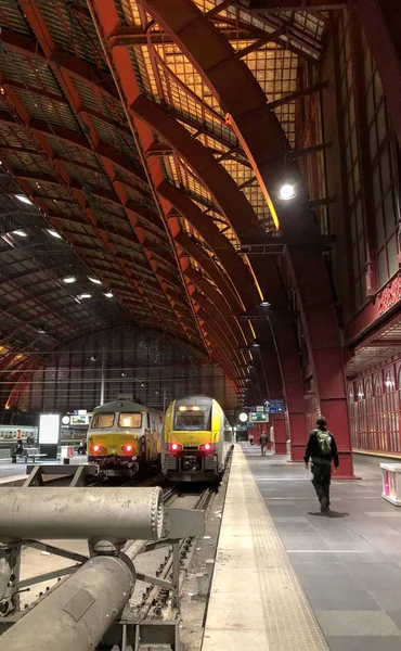 Antwerpen, Belgien - Anno 2019: Der Zug wartet am Bahnsteig auf die Fahrgäste Im schönen, historischen und monumentalen Antwerpener Bahnhof. — Stockfoto