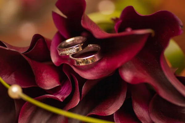 Обручальные кольца на фоне красных калл — стоковое фото