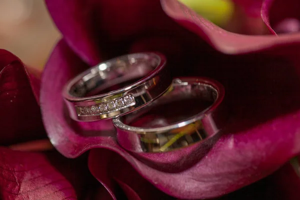 Anéis de casamento em vermelho callas fundo — Fotografia de Stock