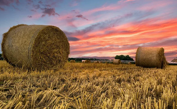 Dramatic sunset sky over hay field in the Kempen area, Belgium — Stock Photo, Image