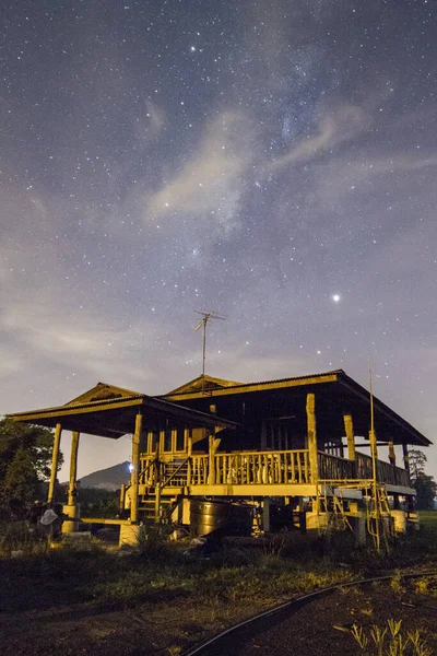 Milky Way Galaxy and stars over one small house at mid Night.