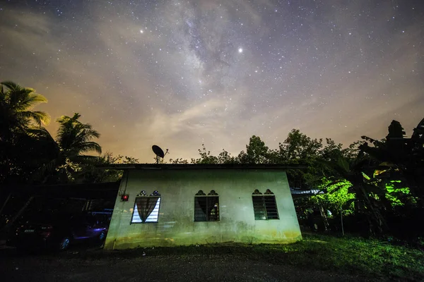 Milky Way Galaxy and stars over one small house at mid Night.