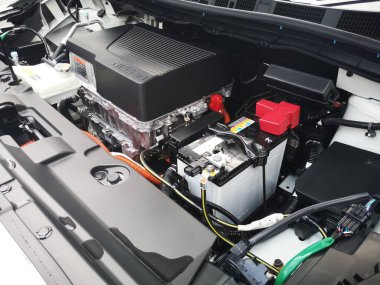 Bukit Tinggi Pahang, Malezya - 24 Julai, 2019: Aurel Sığınak Bentong Pahang 'daki otomobil fuarında Nissan Leaf Electric Car