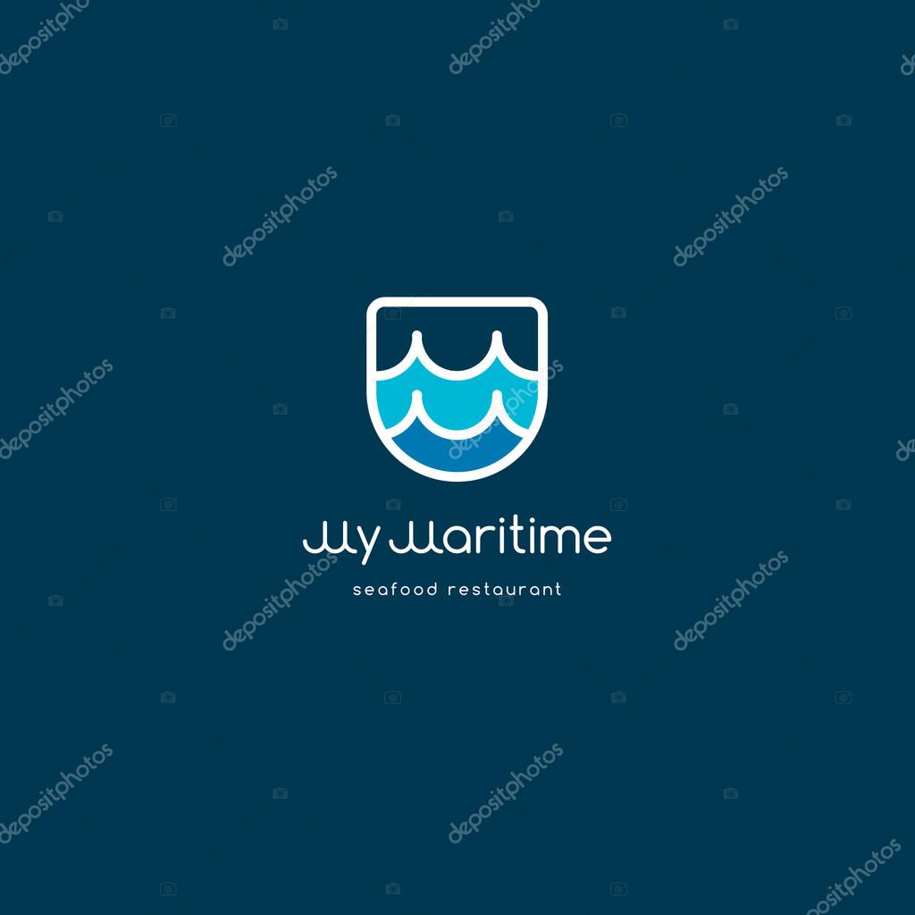 Seafood logo. Fish market emblem. Double M letters.  M monogram. Wave logo.