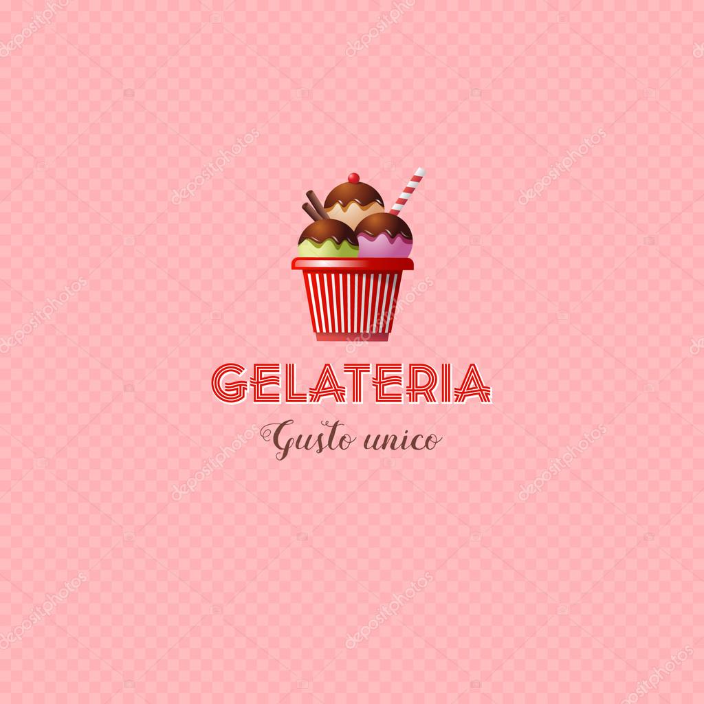 Letters and Ice cream in a cup on a plaid background.