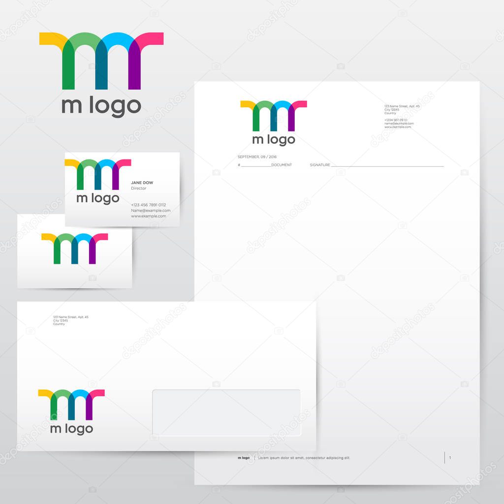 Colorful transparent logo. Identity, letterhead, envelopes, business cards.