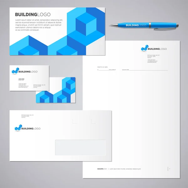 青いレンガ建物のロゴ。アイデンティティおよびロゴ. — ストックベクタ