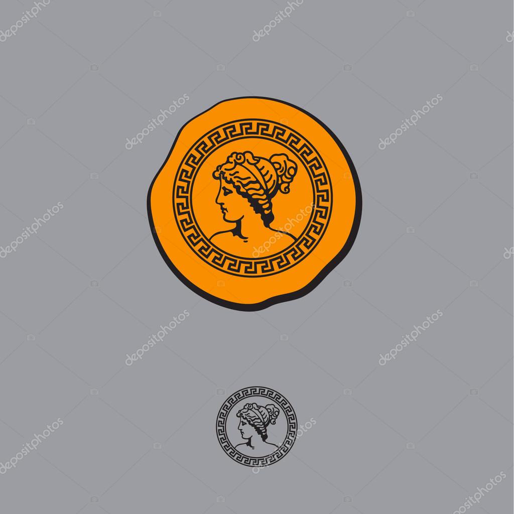 Ancient portrait of a woman. Aphrodite, Venus,  Diana goddess emblem.