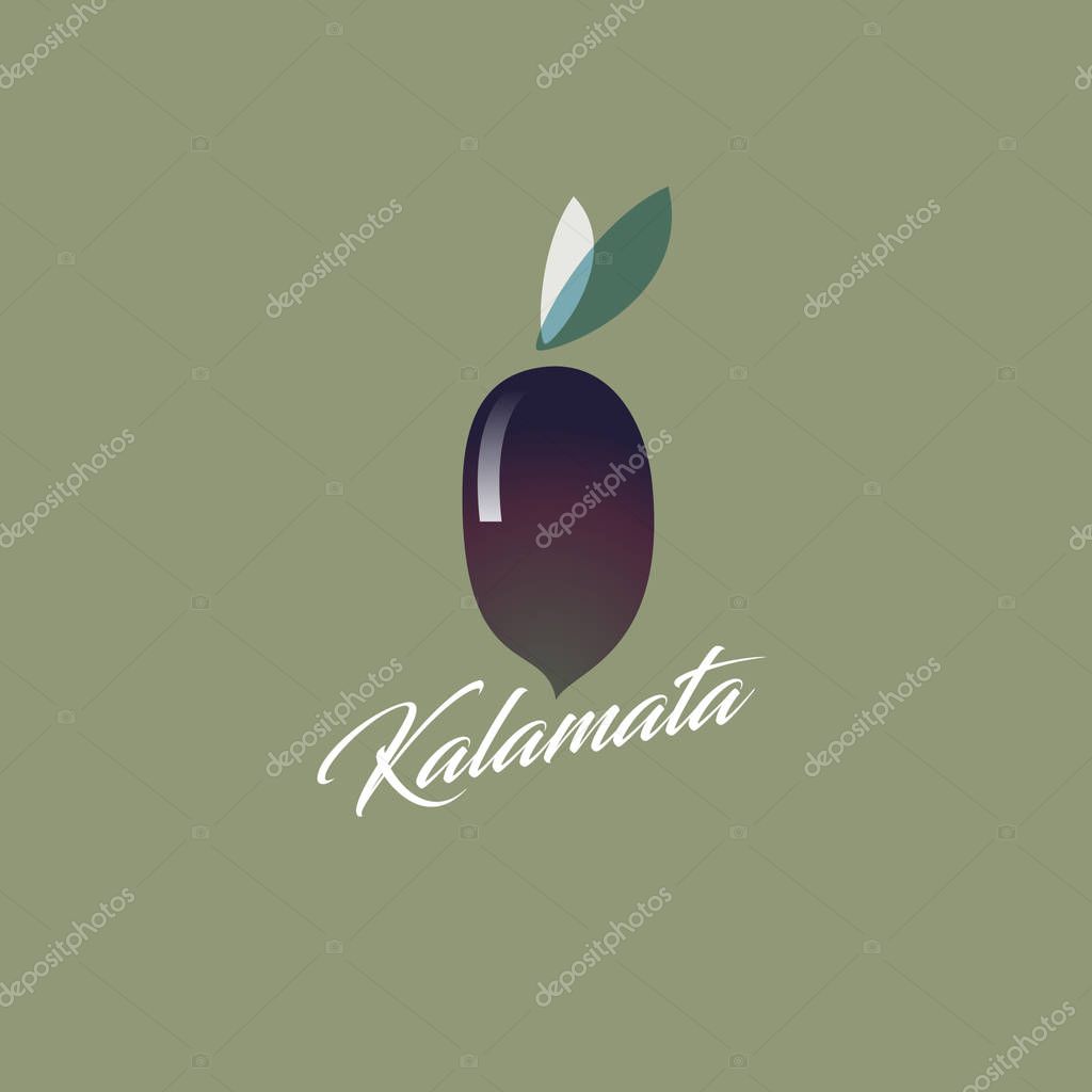 Green olive with leaves and letters.