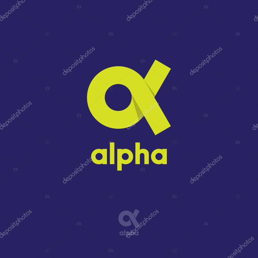 Yellow Greek letter Alpha on a blue background.