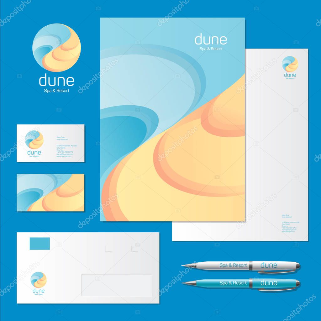 Corporate style, envelope, letterhead, business card, folder, pens.