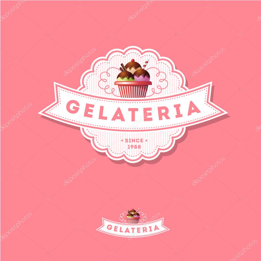 Emblem with ribbon and ice cream on a pink background.
