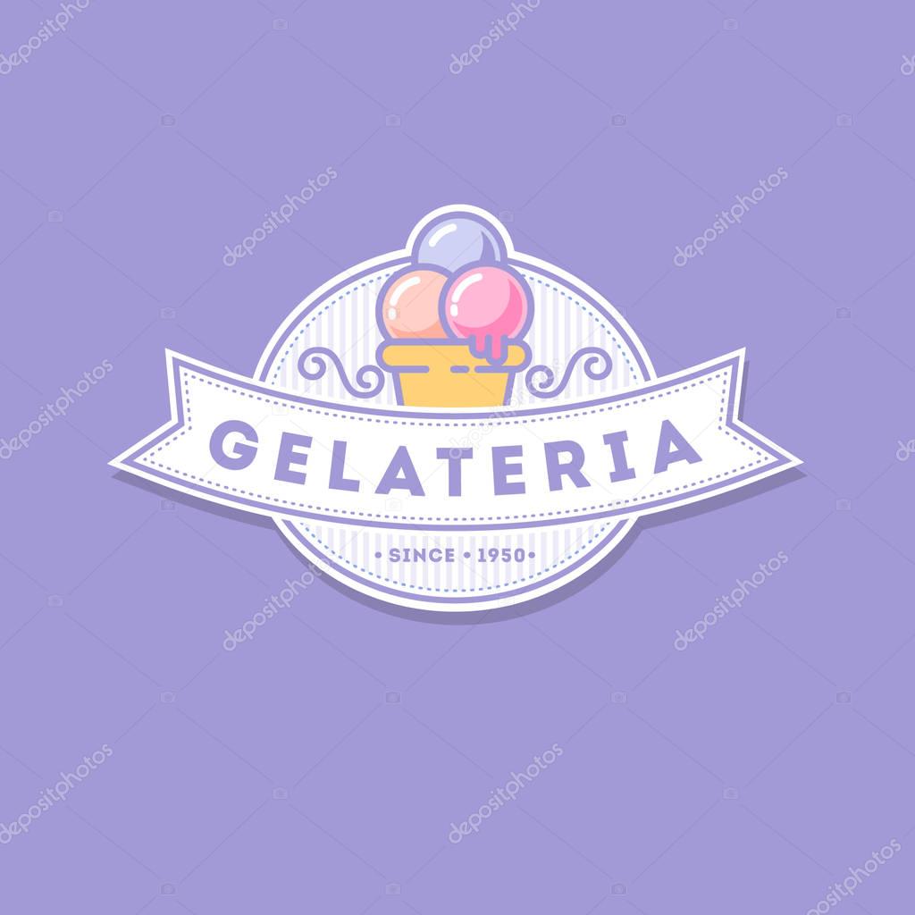 Emblem with ribbon and ice cream on a violet background.
