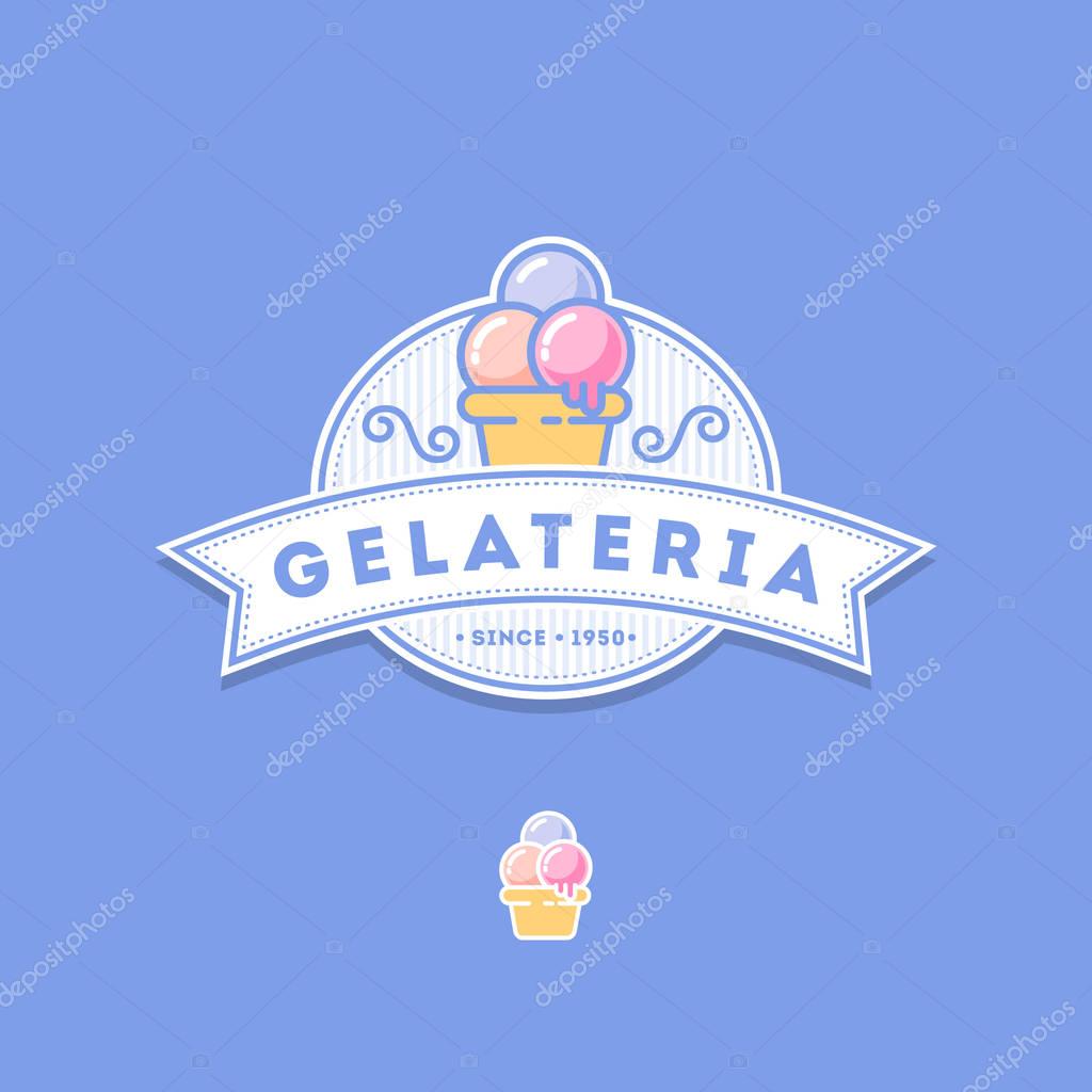 Emblem with ribbon and ice cream on a blue background.